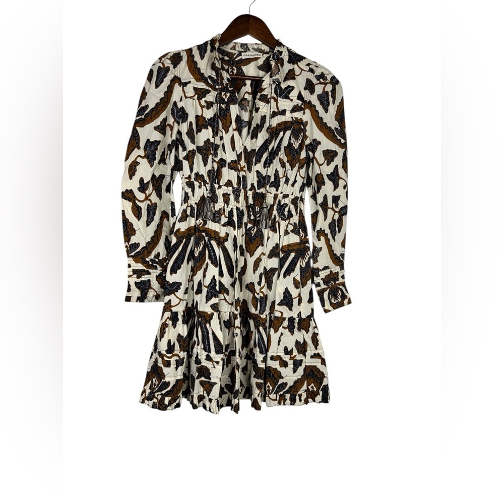 Ulla Johnson Brown Cream Print Mini Dress Sz 0 Boho Ruffle Cotton - Picture 6 of 9